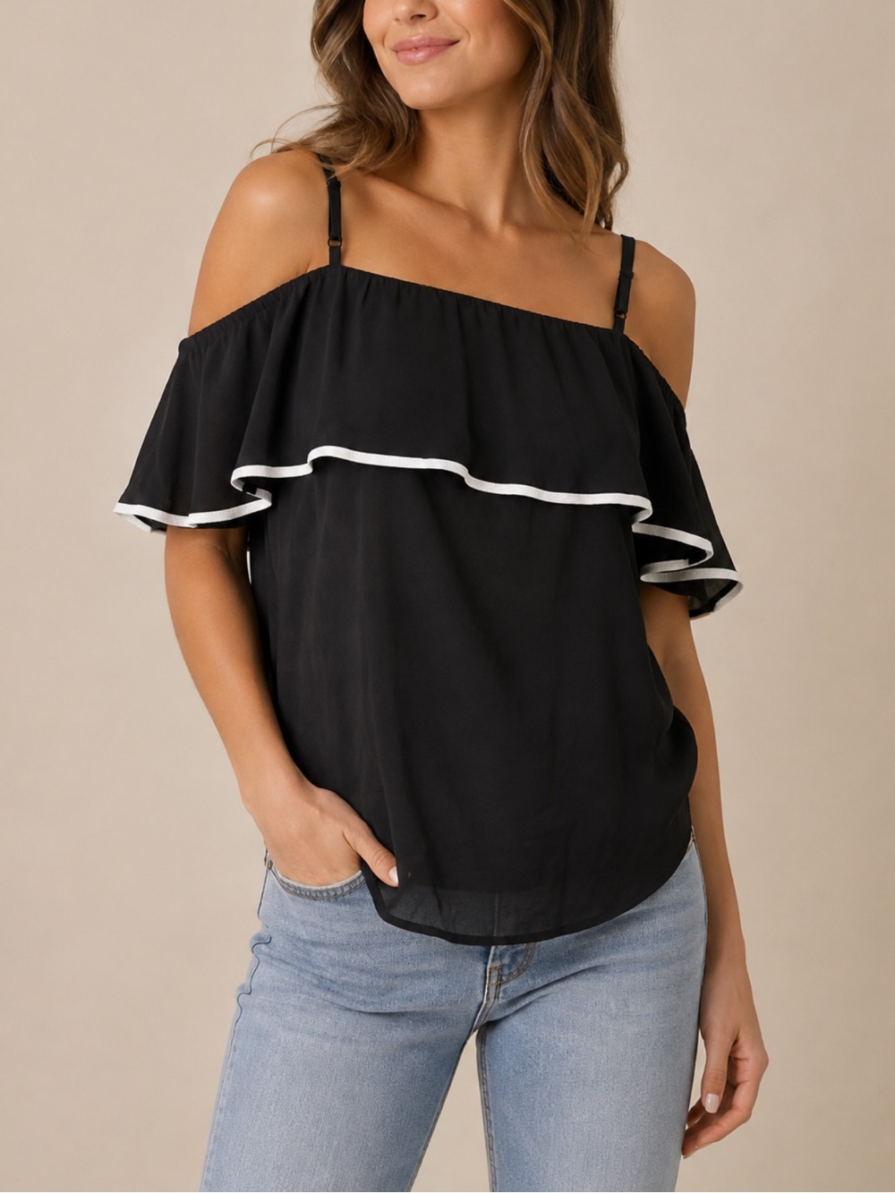 Gold Hawk NWT Silk Off The Shoulder Top Size XS Black & White
